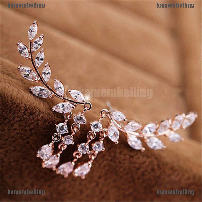 Bông tai tua rua hình chiếc lá đính đá zircon thời trang xinh xắn cho nữ