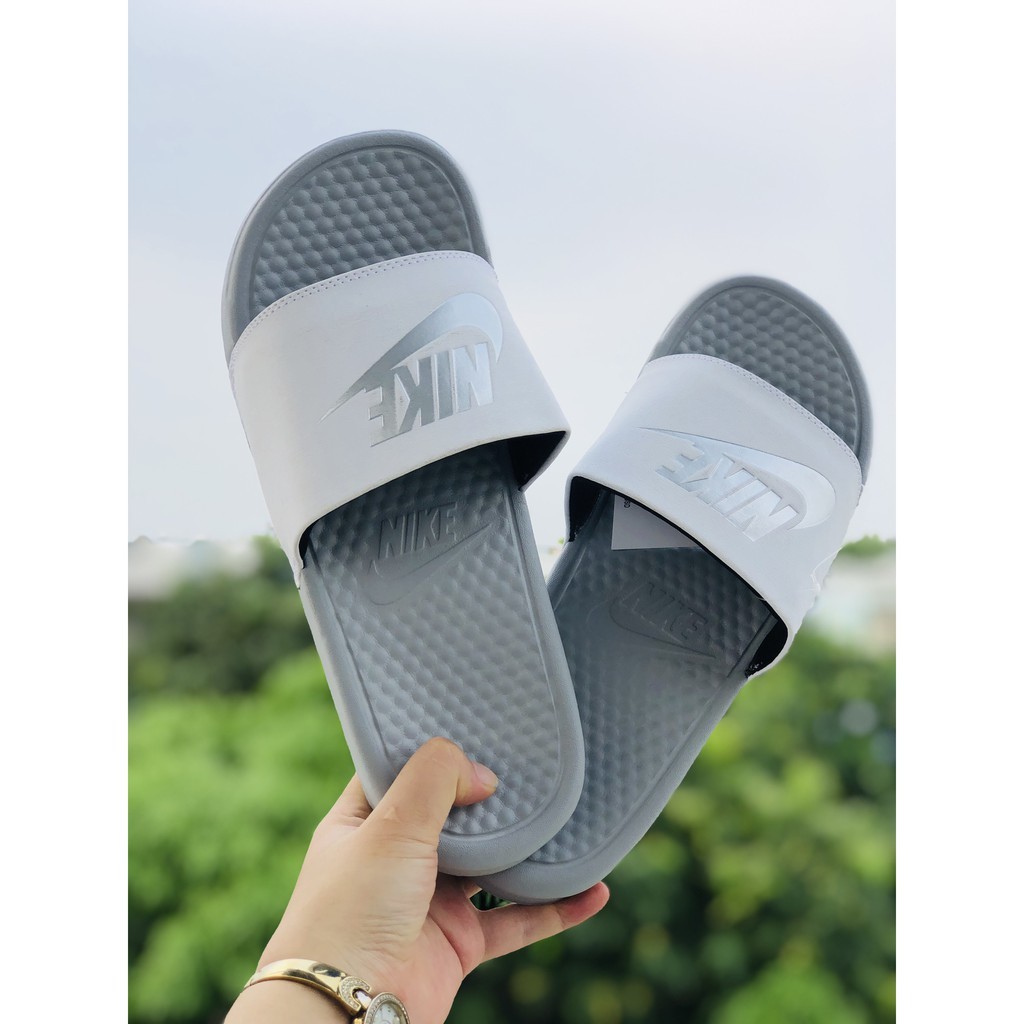 Dép quai ngang benassi N-K ♥️FREESHIP + hộp♥️ nam nữ màu xám trắng