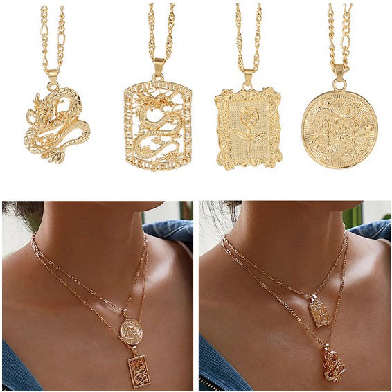 Dây Chuyền Mặt Hình Rồng/Hoa Hồng Màu Vàng May Mắn Thời Trang Cho Nữ