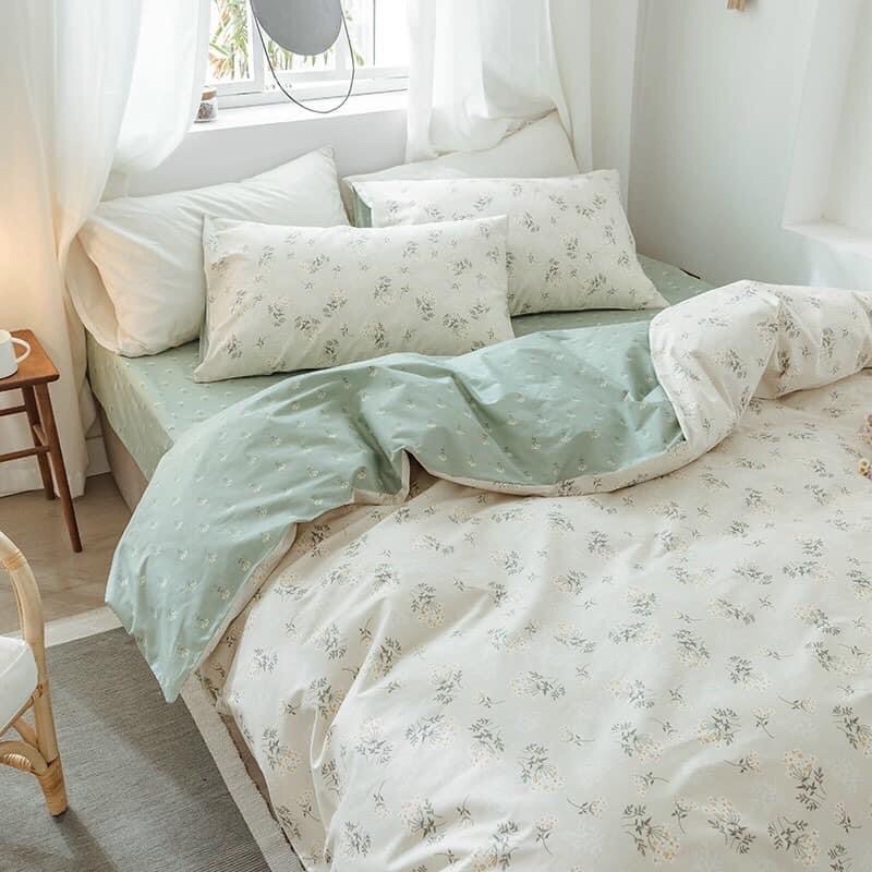 Bộ chăn ga và gối cotton poly -mẫu trái tim xanh trắng-luis bedding miễn phí bo chun theo kích thước