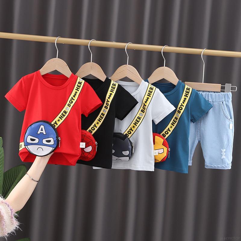 Set áo thun tay ngắn cổ tròn kèm quần short jean thời trang đáng yêu cho bé trai 1-5 tuổi