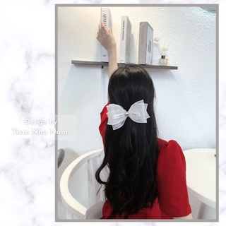 🎀 kẹp tóc nơ voan bèo ba tầng đính trai đá 𝐶ℎ𝑎𝑛𝑒𝑙 cao cấp -