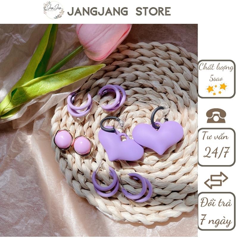Bông tai khuyên tai màu tím JANGJANG dành cho nữ cá tính sành điệu phong cách có chuôi bạc 925 size nhỏ đủ hình dáng