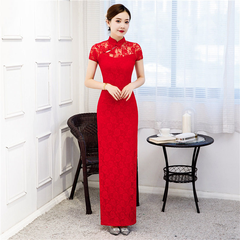Trational Women Cheongsam Short-sleeve Vintage Long Dress Costumes Elegant Plus Size Dresses S To 5XL Black Red