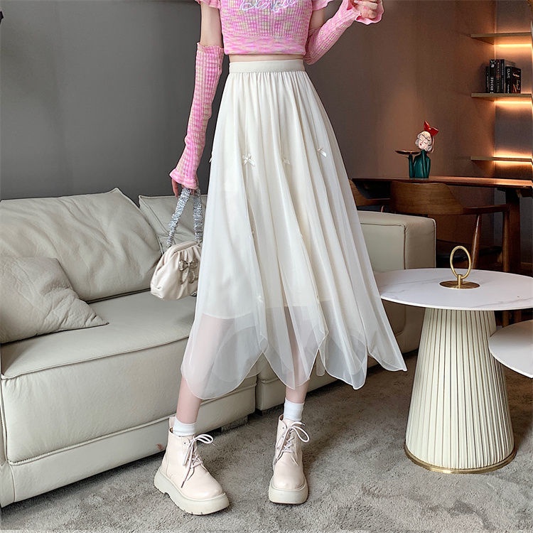 Chân Váy Chữ A Lưng Cao Phối Lưới Và Nơ Xinh Xắn Dễ Phối Đồ