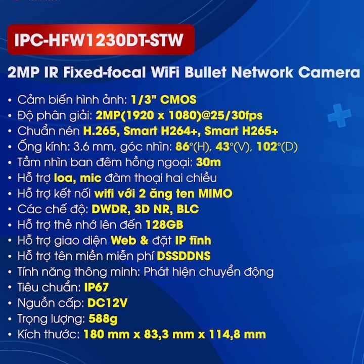 Camera ip wifi Dahua 2.0Mp ngoài trời IPC-HFW1230DT-STW đàm thoại 2 chiều, phát hiện chuyển động
