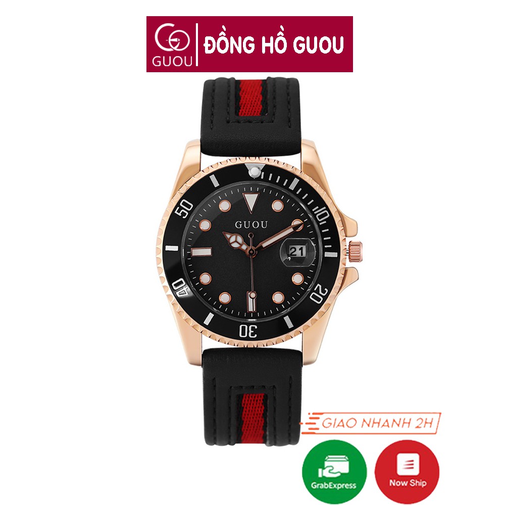 Đồng hồ nữ đeo tay dây da Guou viền mạ vàng chính hãng chống nước tuyệt đối 8077
