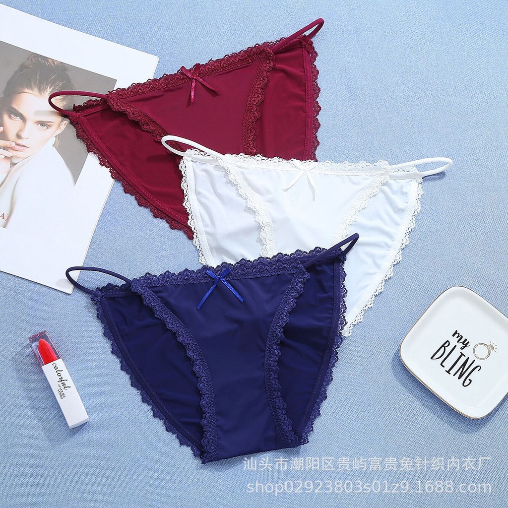 Quần Lót Cotton Lụa Phối Ren Lưng Thấp Không Đường May Thoáng Khí Quyến Rũ Cho Nữ