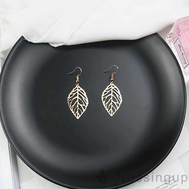 DRESSINGUP-Đôi Khuyên Tai Hình Chiếc Lá Màu Vàng / Bạc Phong Cách Bohemian Cổ Điển Thời Trang