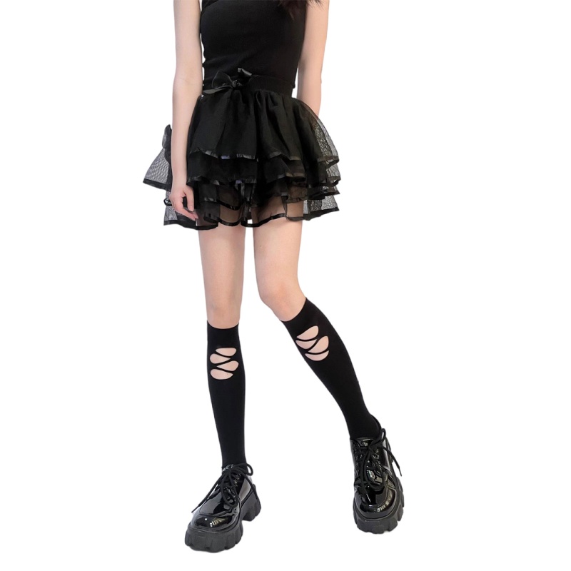 Xixi Vớ Cao Đến Đầu Gối Màu Đen Thiết Kế Rách Phong Cách Lolita Gothic Cho Nữ