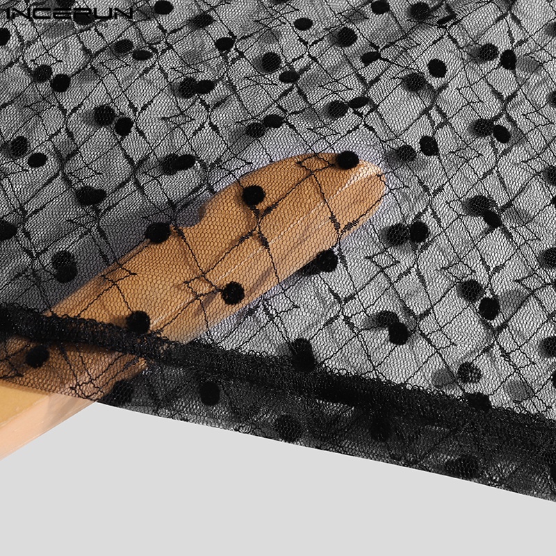 INCERUN Áo Thun Tay Dài Trong Suốt In Họa Tiết Hình Học Quyến Rũ Cho Nam