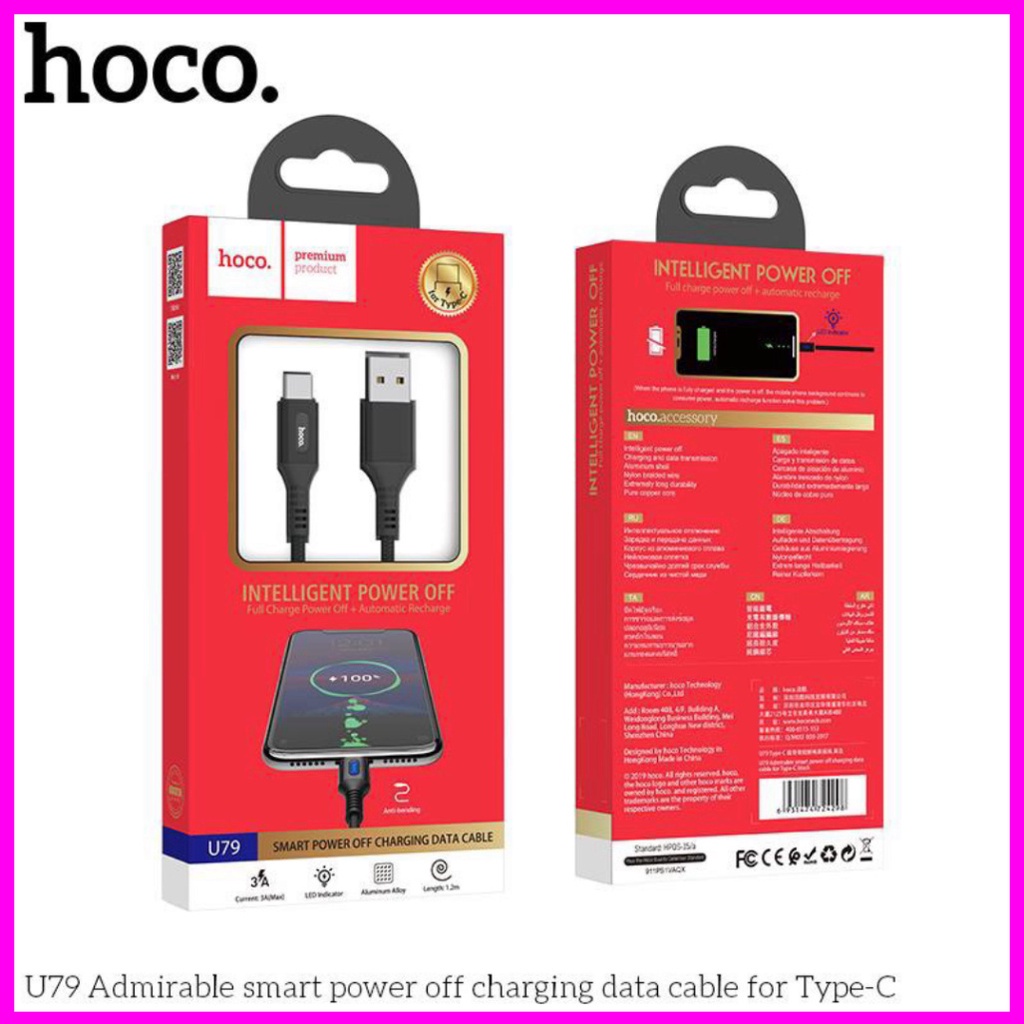 Dây sạc tự ngắt thông minh hoco u79 cho ip/micro usb/type c,chiều dài 1m bảo hành 1 năm