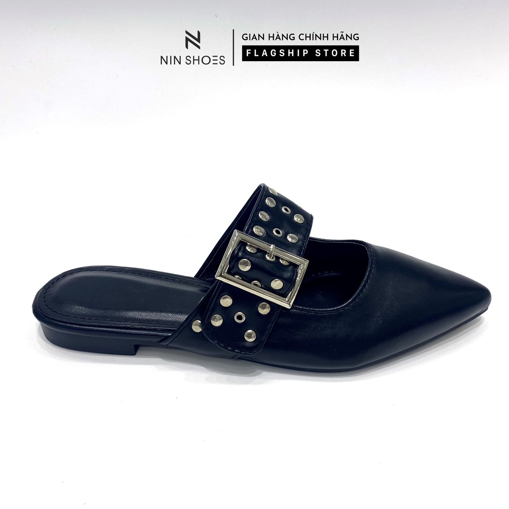 Dép sục nữ Nin shoes mũi nhọn quai ngang đính đinh 3 màu thời trang cao cấp