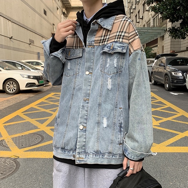 Áo khoác jean denim nam nữ unisex form rộng vai phối caro, áo khoát jacket jean nam nữ phong cách Hàn Quốc 2022