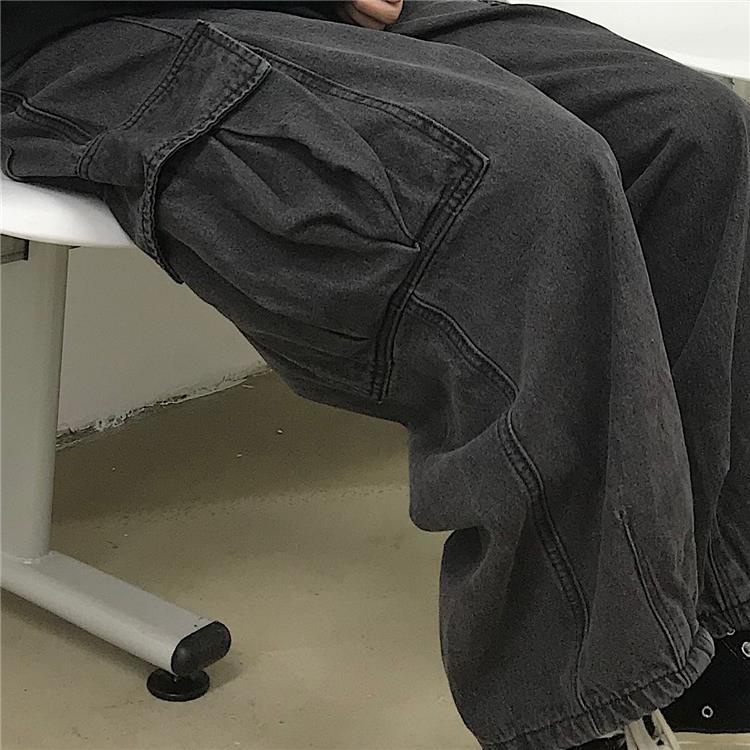 ☑▽❡Quần Jeans Ống Rộng Màu Tối Phối Túi Hộp Thời Trang Thu Đông Hàn Quốc Cho Nam Và Nữ