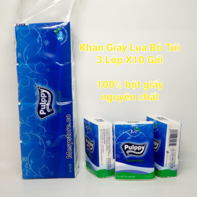 Khăn Giấy Lụa Bỏ Túi Pulppy 3 Lớp 1 Lốc 10 Gói