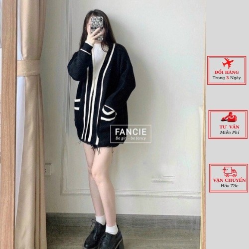 Áo cardigan len nữ dáng dài phom rộng đen trắng ulzzang Hàn Quốc phong cách năng động