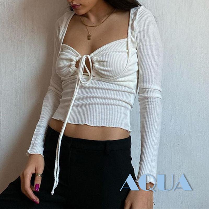 Áo Croptop Tay Dài Cổ Yếm Dáng Ôm Khoét Rỗng Màu Trơn Hợp Thời Trang Cho Bạn Gái