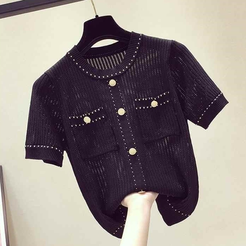 Áo dệt kim SUXI tay ngắn màu trơn phong cách cổ điển dành cho nữ