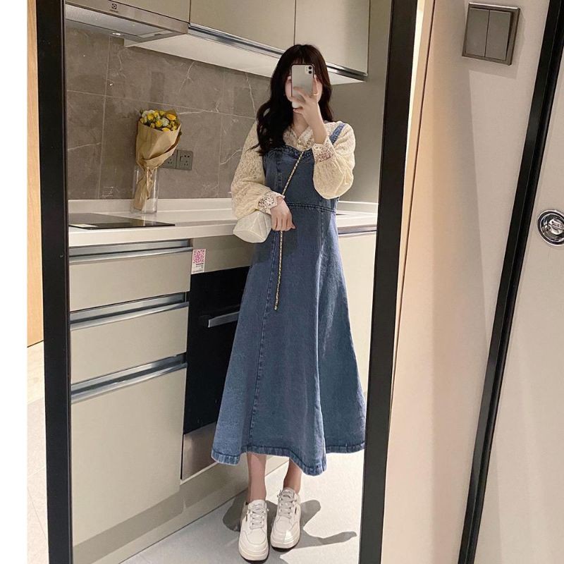 [Order] Váy yếm jean chữ A dáng dài vintage co giãn nhẹ buộc dây eo tạo hiệu ứng thon gọn ulzzang style