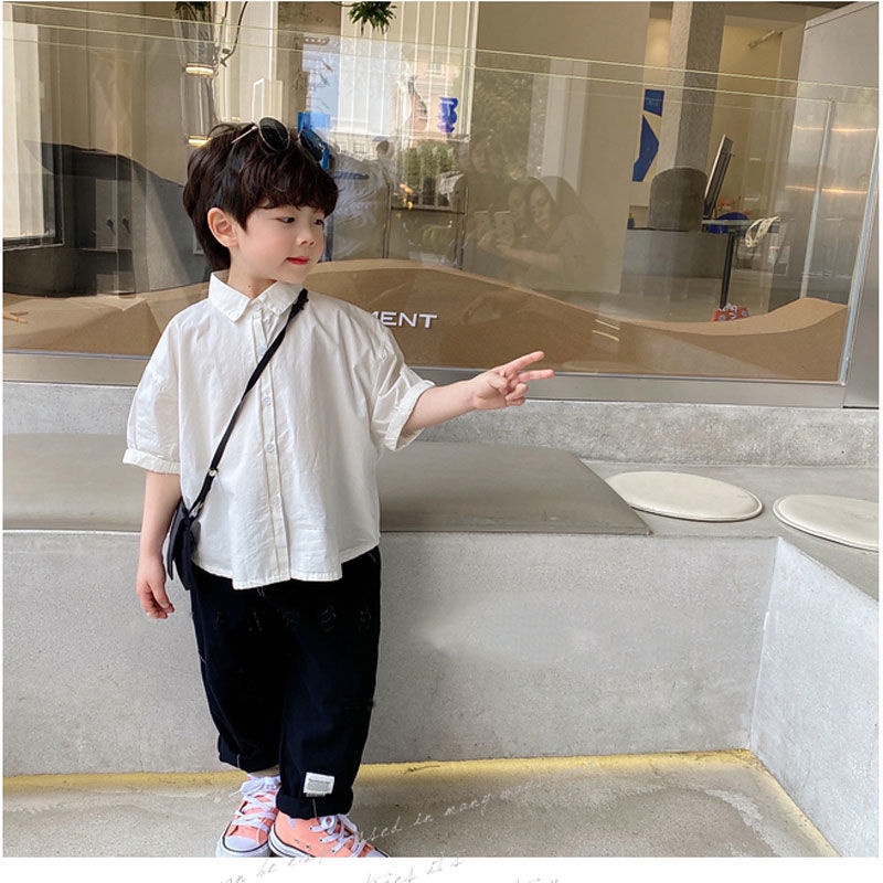 Áo Sơ Mi Tay Ngắn Dáng Rộng Màu Trơn Thời Trang Mùa Hè Hàn Quốc Cho Bé Trai
