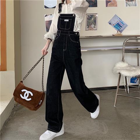 Quần Yếm Denim Đen Dáng Suông Rộng Phong Cách Hàn Quốc Cho Nữ