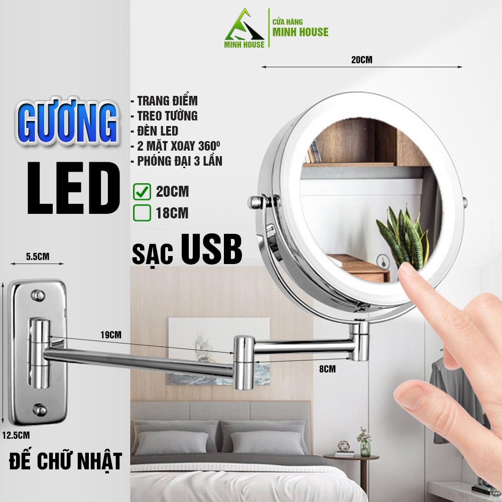 Gương trang điểm đèn LED phóng đại x3, xoay 360, 2 mặt, treo tường, đế chữ nhật Minh House