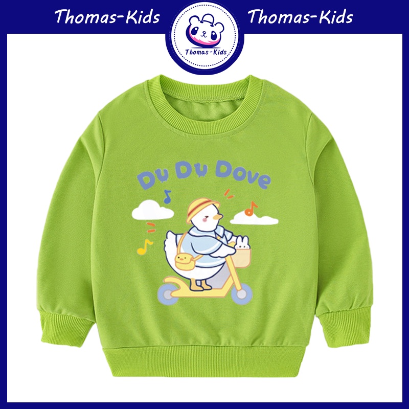 [THOMAS KIDS] Áo Thun Cotton Tay Dài Cổ Tròn Thoáng Khí In Hình Chú Vịt Dễ Thương Thời Trang Cho Bé Gái 3-8 Tuổi