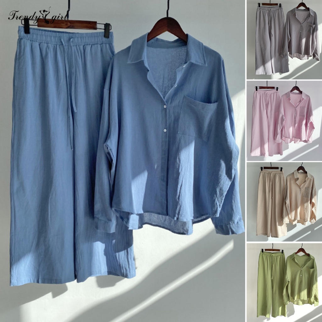 Bộ Áo Sơ Mi Dài Tay + Quần Dài Lưng Thun Phối Nút Thời Trang Cho Nữ