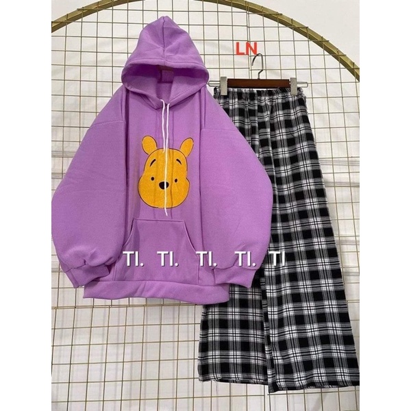 Sét áo hoodie mặt vàng +quần kẻ đen LN11