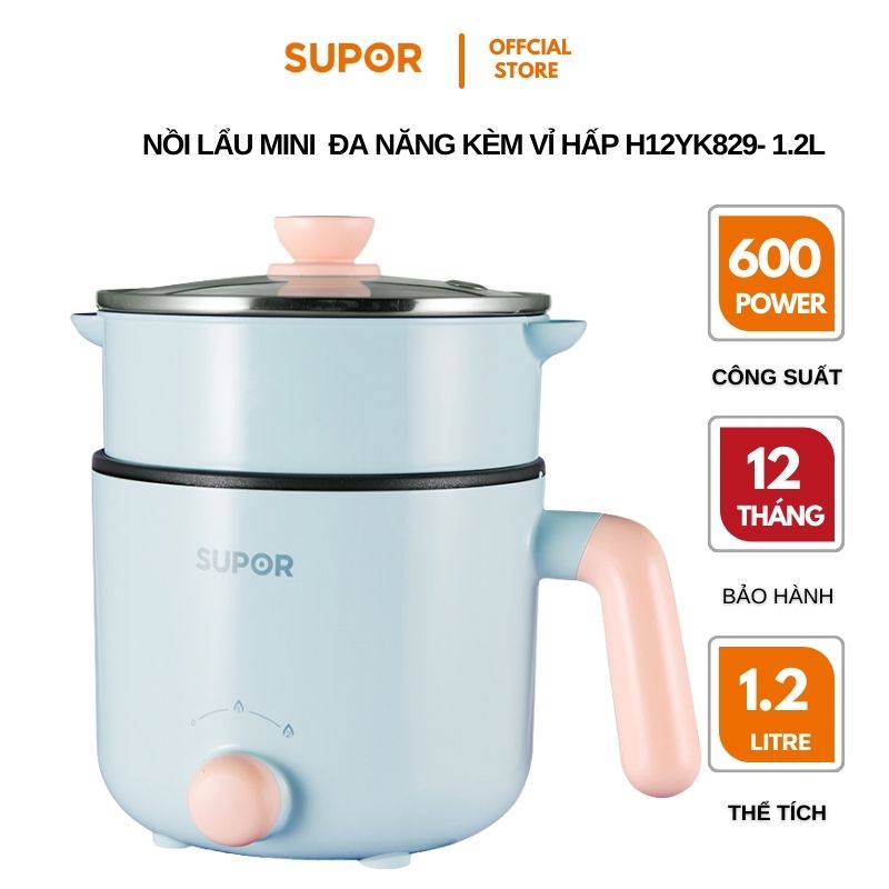 Nồi lẩu điện mini hai tầng chống dính đa năng nấu cơm, mỳ, xào, chiên, rán kèm vỉ hấp Supor 1.2L H12YK829