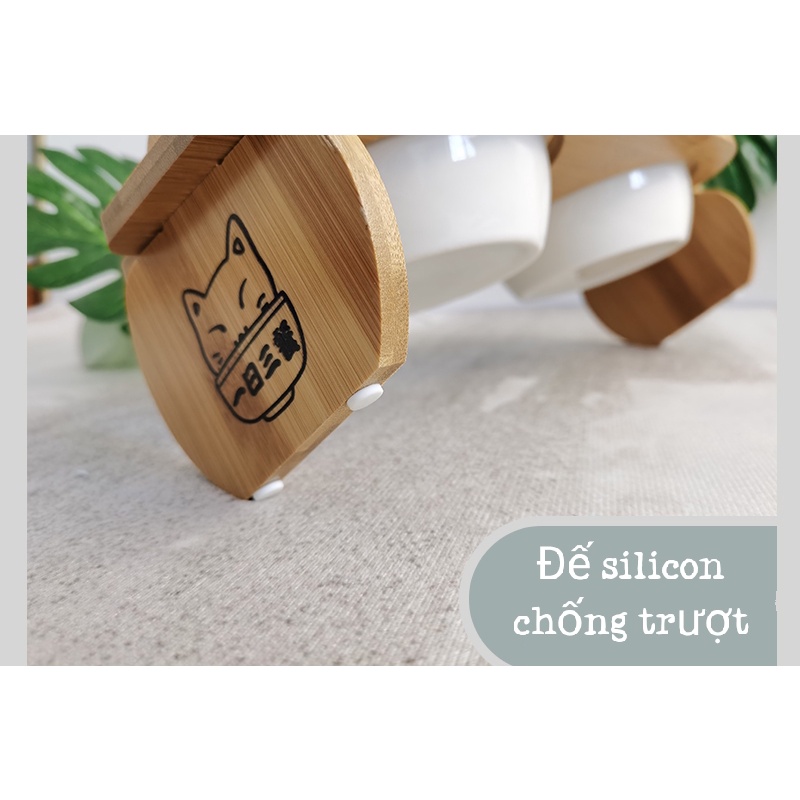 Bát ăn cho mèo bằng sứ cao cấp chống gù lưng - chén ăn đế gỗ chống lật cho thú cưng
