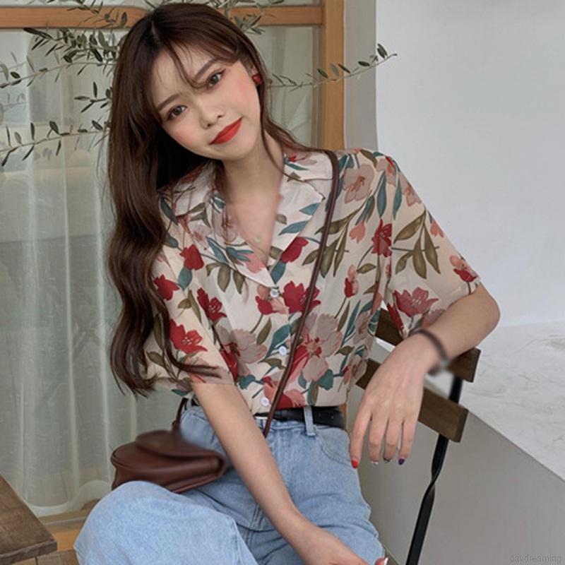 Áo Sơ Mi Tay Ngắn Chất Chiffon Hoạ Tiết Hoa Cho Nữ