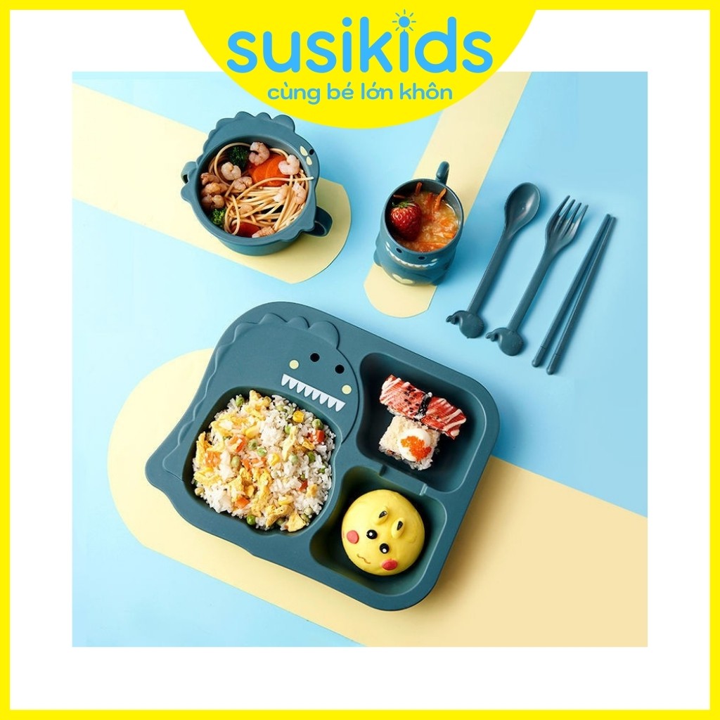 Combo khay bát cốc ăn dặm cho bé chất liệu lúa mạch hình khủng long đáng yêu SUSIKIDS