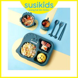 Combo khay bát cốc ăn dặm cho bé chất liệu lúa mạch hình khủng long đáng yêu SUSIKIDS