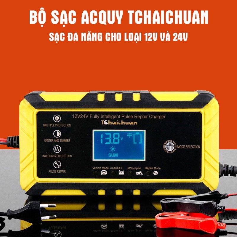 Sạc bình acquy 12V, 24V TCHAICHUAN tự ngắt khi đầy chức năng bảo dưỡng phục hồi ắc quy bằng khử sunfat