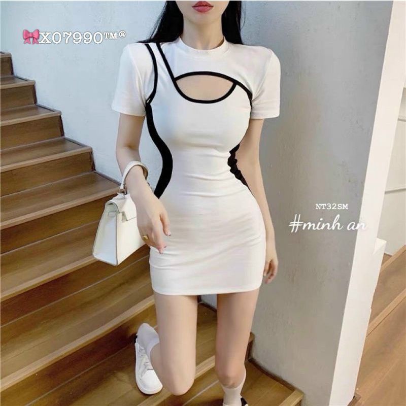 Đầm body phối viền nổi ngắn tay khoét ngực
