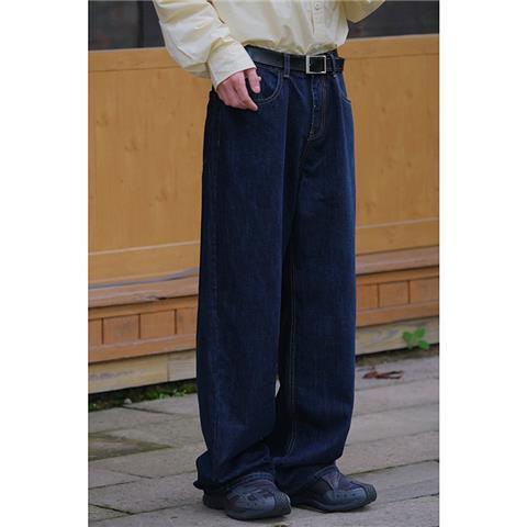 Cola life Quần Jean Ống Suông Rộng Màu Xanh Dương Đậm Mùa Thu Nhật Bản Mặc Thường Ngày Cho Nam Và Nữ