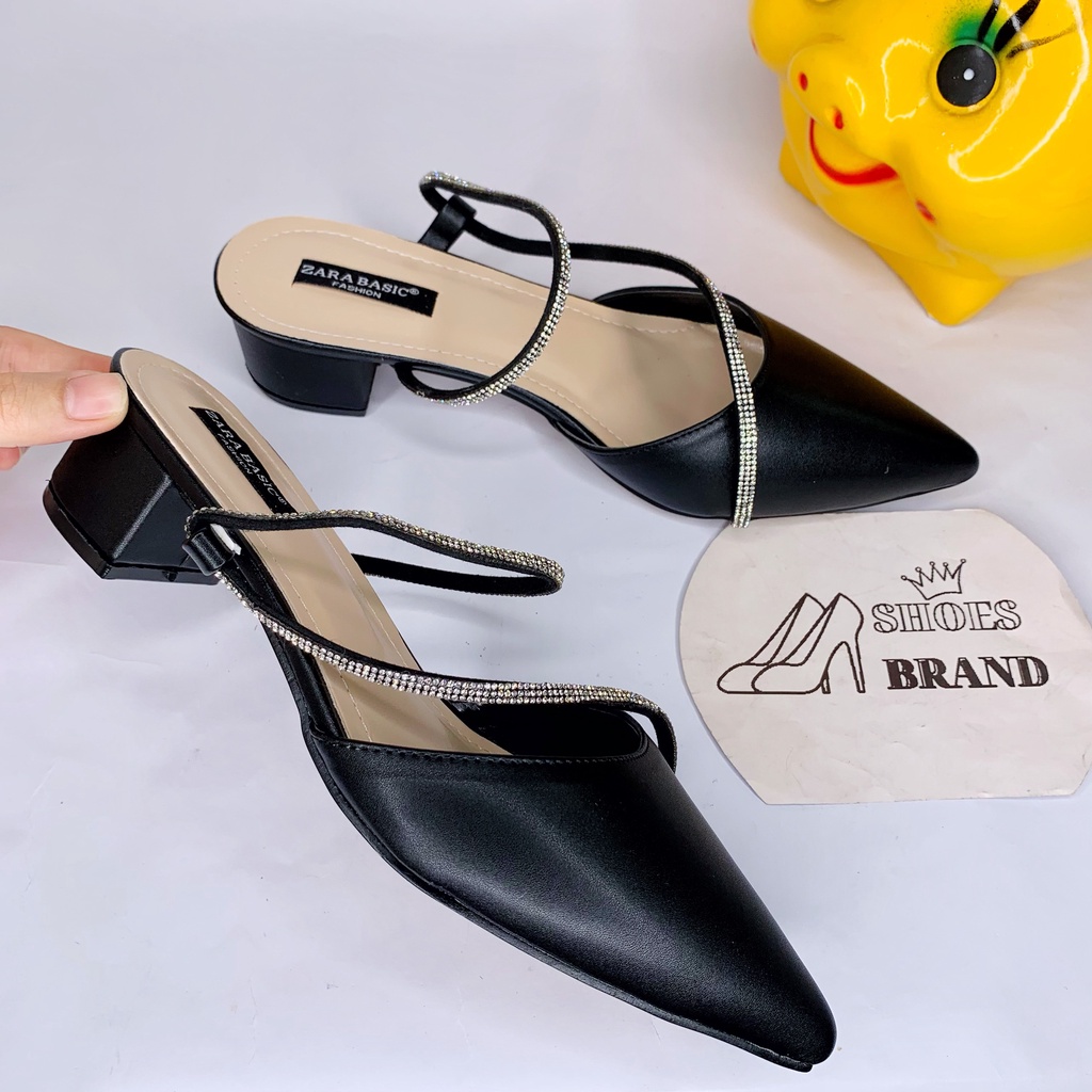 Sục nữ mũi nhọn, giày gót vuông phối dây đính hạt xoàn sang chảnh - MÃ C04