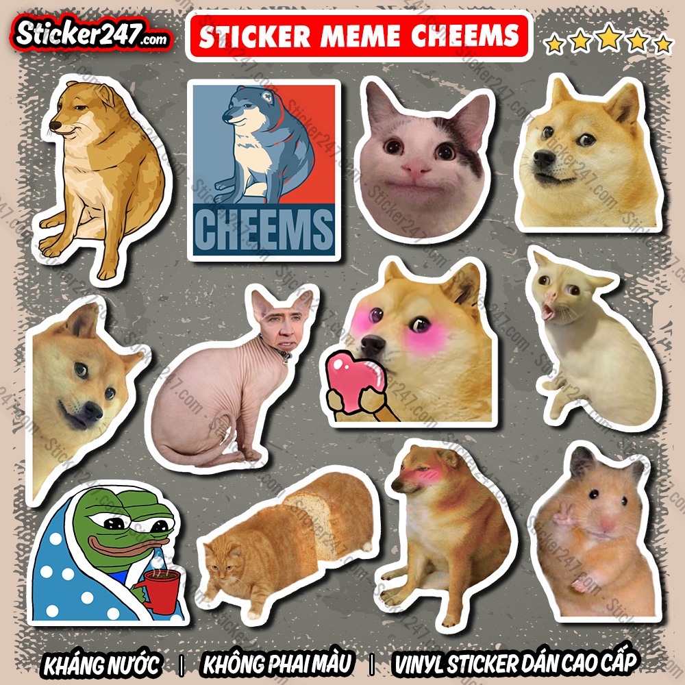 Sticker MeMe Cheems 𝑭𝒓𝒆𝒆𝒔𝒉𝒊𝒑 Sticker Dán Mũ Bảo Hiểm, Dán Vali, Đàn Guitar - Hình Dán Chống Thấm Nước - Cắt sẵn