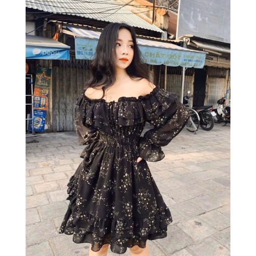 [CÓ SẴN] [ẢNH THẬT+VIDEO] Váy Trễ Vai Hoa Nhí 2 Lớp Dài Tay Ullzzang | BigBuy360 - bigbuy360.vn