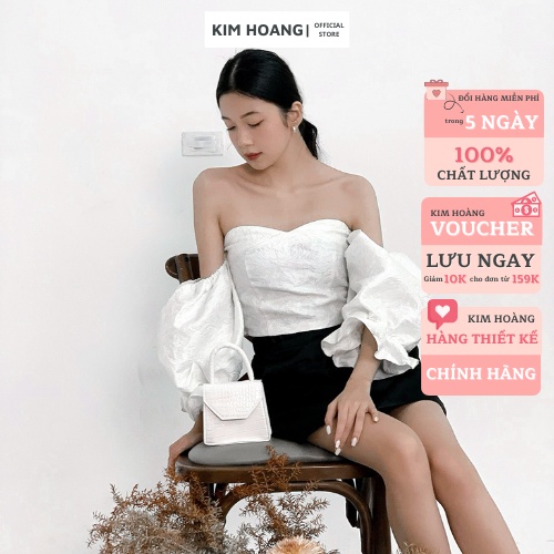 Áo Trễ Vai Bánh Bèo màu Trắng VÂN GẤM Kim Hoàng Clothing Áo Tay Bèo có chun co giãn