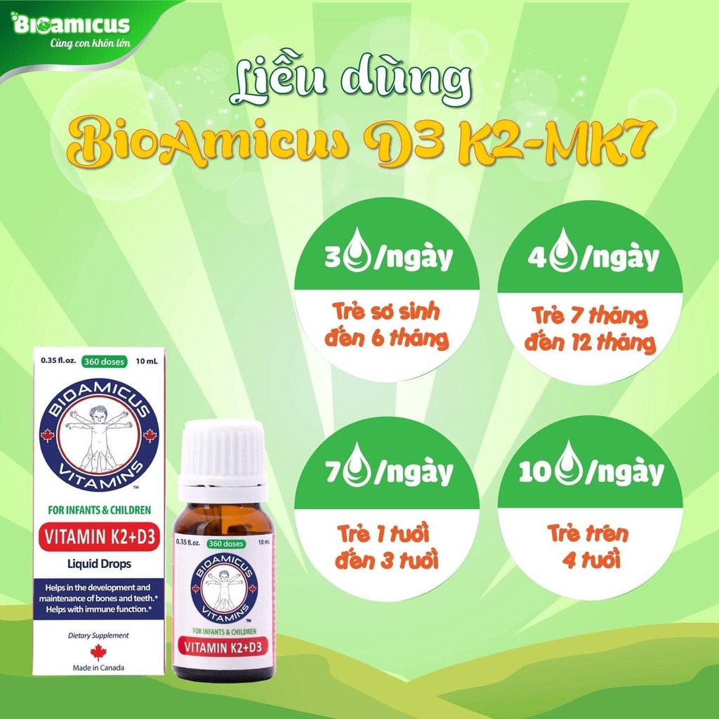 Vitamin D3K2 MK7 BioAmicus Bao Kép 10ml, giúp tăng cường hấp thu canxi cho bé, chống còi xương ,tăng chiều cao_Chính hãn