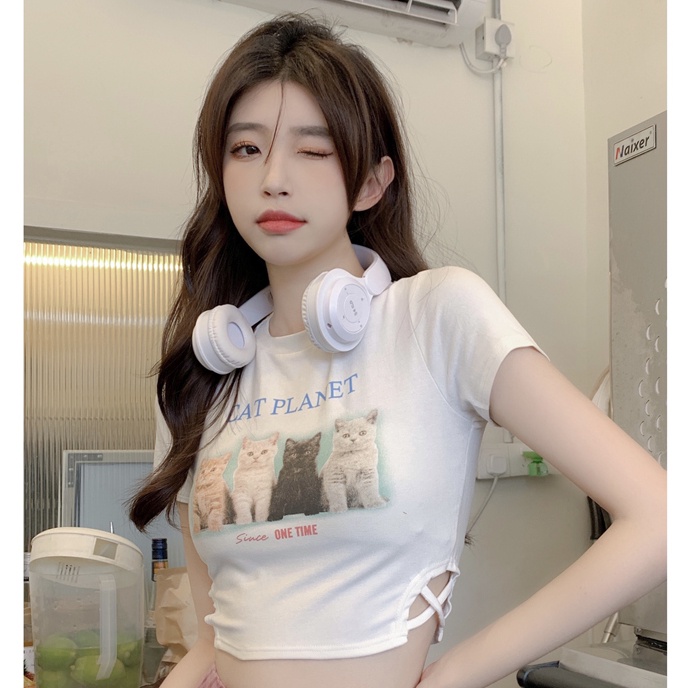 Áo Thun Crop Top Cổ Tròn Tay Ngắn In Hình Mèo Dễ Thương Thời Trang Cho Nữ