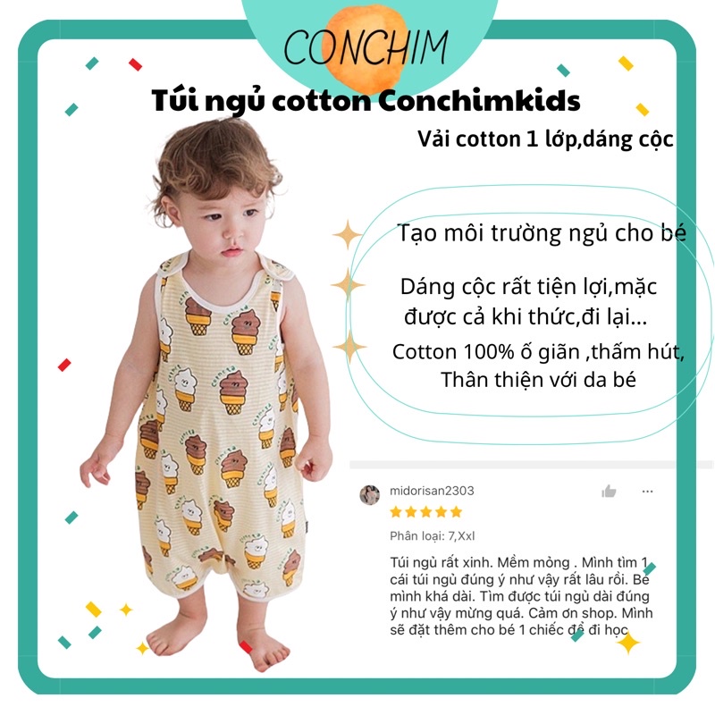 Túi ngủ cho bé mùa hè cotton 1 lớp  CONCHIM, loại cộc