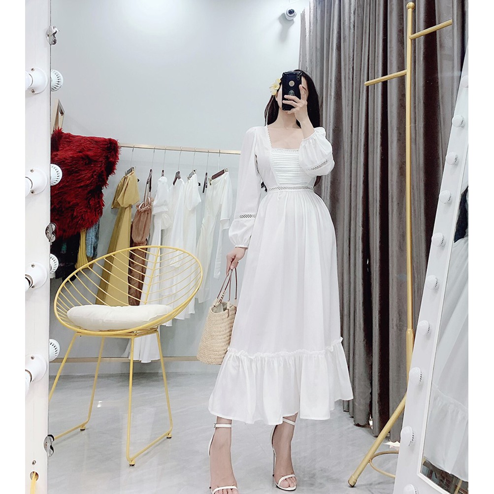 Đầm maxi trắng phối ren dáng xoè, ngực dập ly