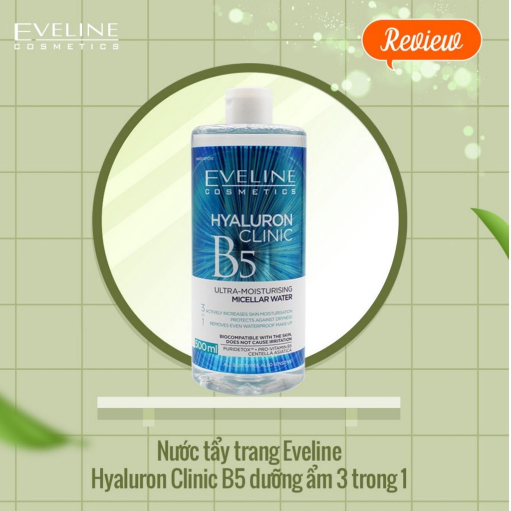 Nước Tẩy Trang Eveline Hyaluron Clinic B5 Và Tinh Chất Rau Má Làm Dịu, Dưỡng Ẩm Và Phục Hồi Da 500ML