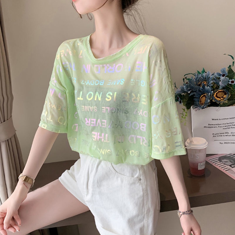 Áo Thun Tay Ngắn Dáng Rộng In Chữ Lấp Lánh Phong Cách Hàn Quốc Thời Trang Mùa Hè Cho Nữ