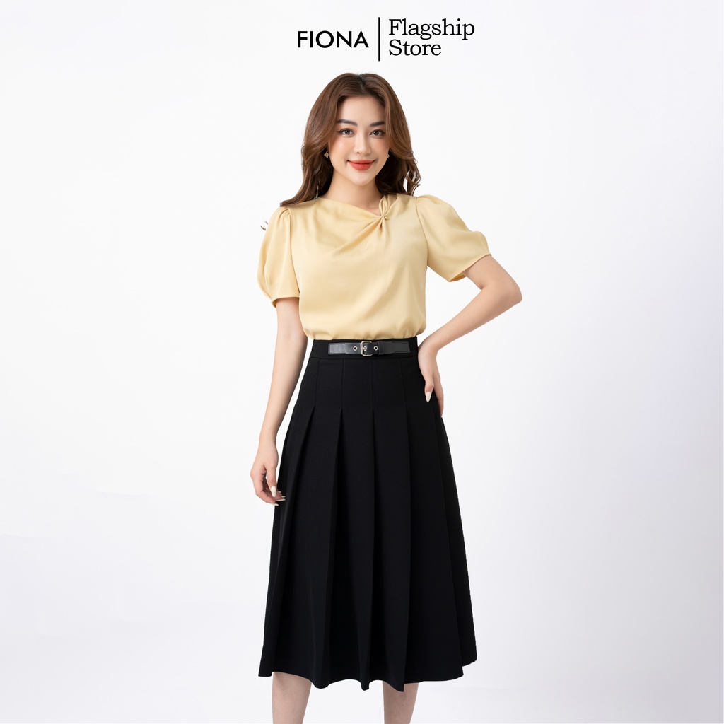 Chân váy xòe nữ công sở xếp ly tôn dáng cạp đính mặt đai trang trí FIONA F252192