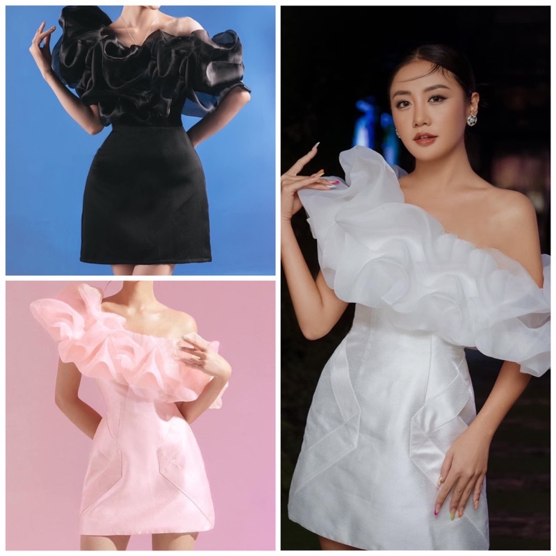 Đầm dự tiệc TRIPBLE T DRESS dáng A lệch vai phồng voan kính - size S/M/L -MS243Y